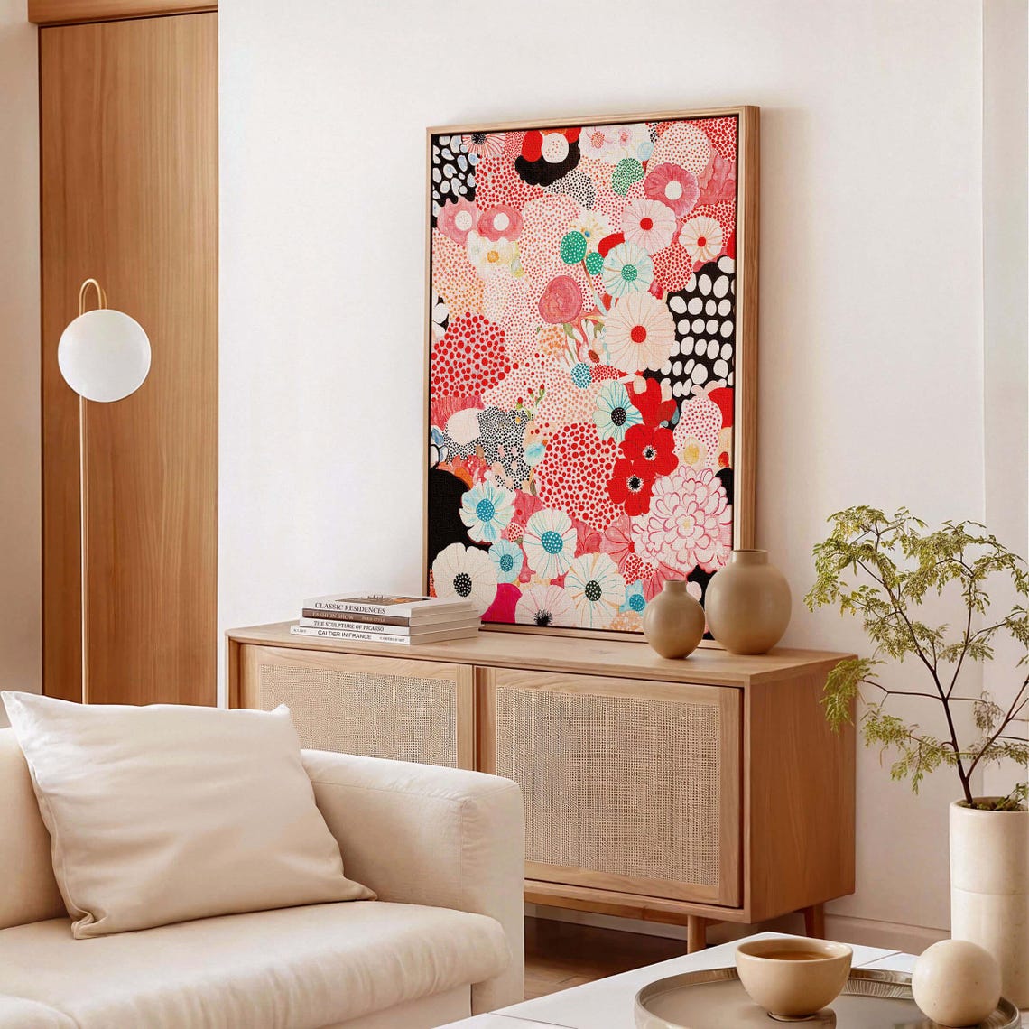 Yayoi Kusama Blush Red Dotted Flower Carpet Botanical Art Poster - Image 3