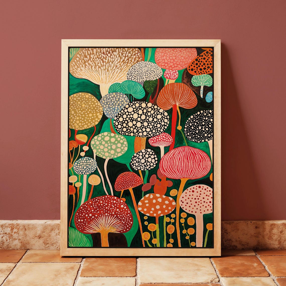 Yayoi Kusama Dotted Mushroom Forest Emerald Wonderland Artwork Poster