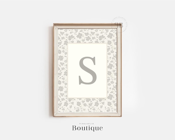 Elegant Gray Floral Monogram Letter S Initial Nursery Art Print
