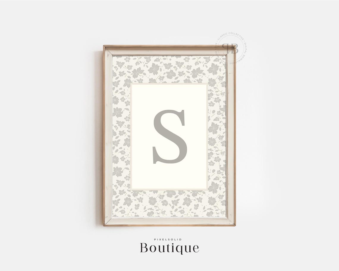 Elegant Gray Floral Monogram Letter S Initial Nursery Art Print