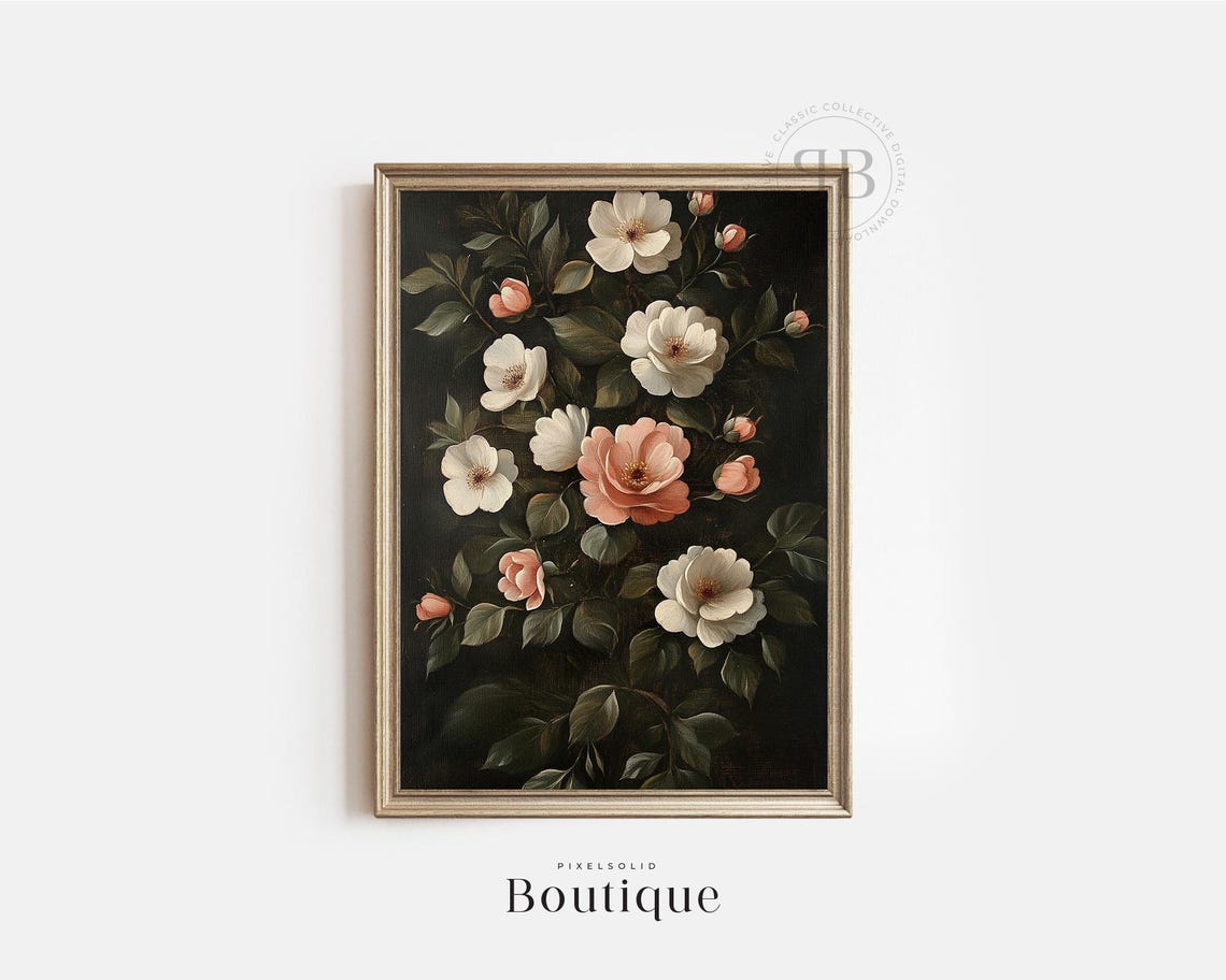 Vintage White And Blush Roses Dark Floral Oil Painting Poster