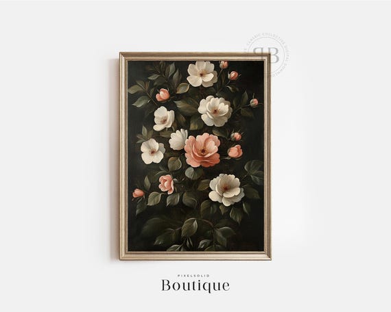 Vintage Style Floral Botanical Wall Art Antique Pink And White Roses Print For Living Room Decor No605