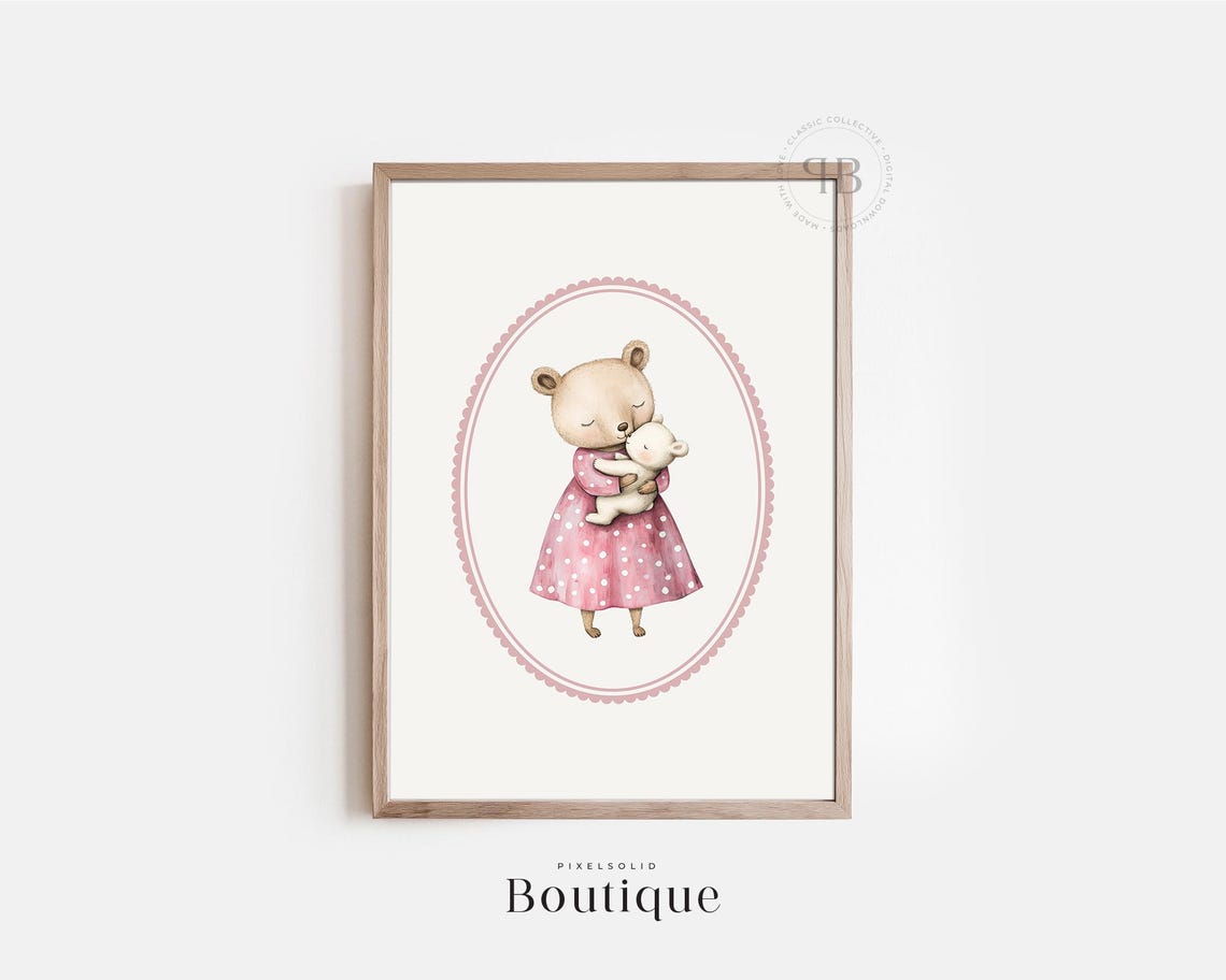 Mother Baby Bear Pink Watercolor Teddy Nursery Kids Room Wall Art