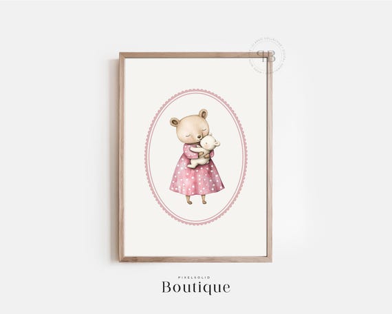 Mother Baby Bear Nursery Print Girls Watercolor Teddy Wall Art Shower Gift Pink Pastel Kids Decor No657