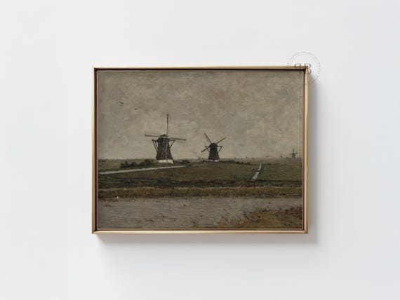 Dutch Windmill Landscape Print Rustic Countryside Wall Art Moody Sky European Scene Brown Toned Decor No836
