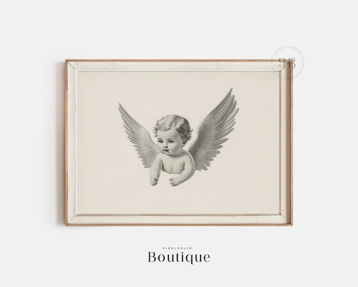 Vintage Cherub Angel Black And White Spiritual Nursery Print