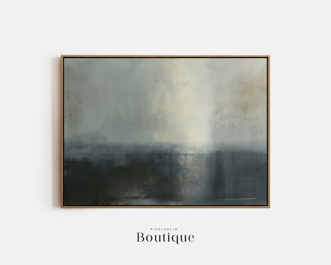 Muted Blue Grey Abstract Seascape Minimalist Tonal Oil Wall Art