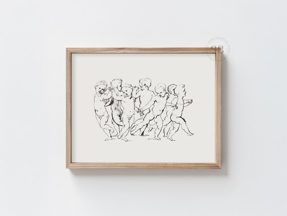 Cherub Nursery Decor Angelic Line Art Illustration Minimalist Wall Baby Room White Vintage Style No860