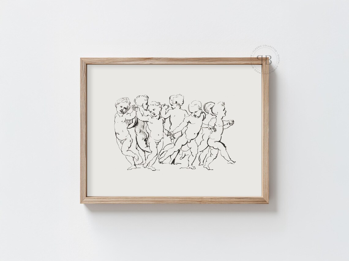 Cherub Line Art Minimalist Drawing Nursery Angel Vintage Sketch Poster