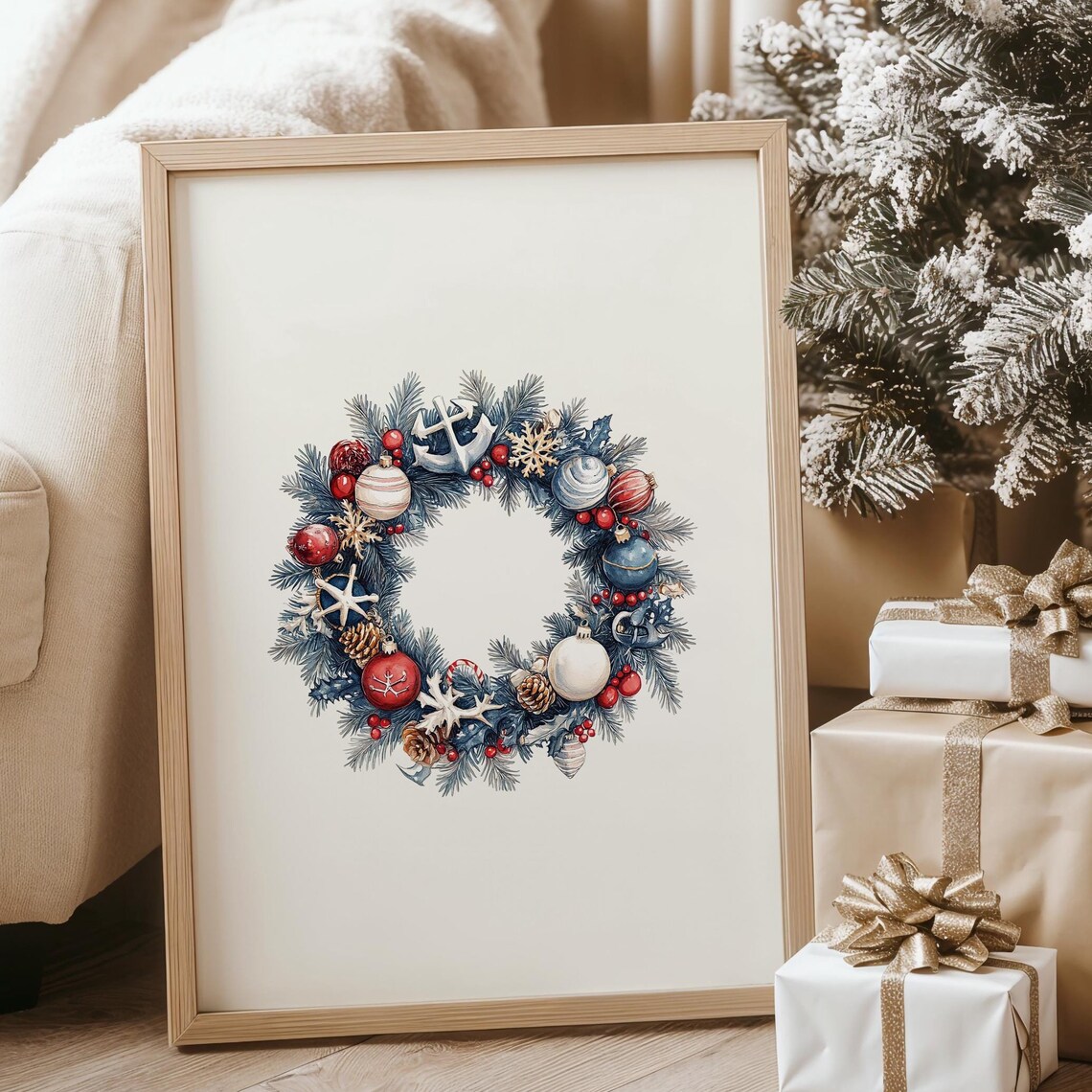 Coastal Christmas Wreath Poster with Anchors, Starfish and Shells - Image 3