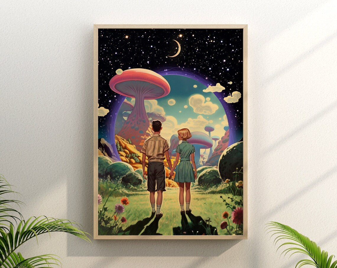 Psychedelic Mushroom Art, Vintage Surrealism Print
