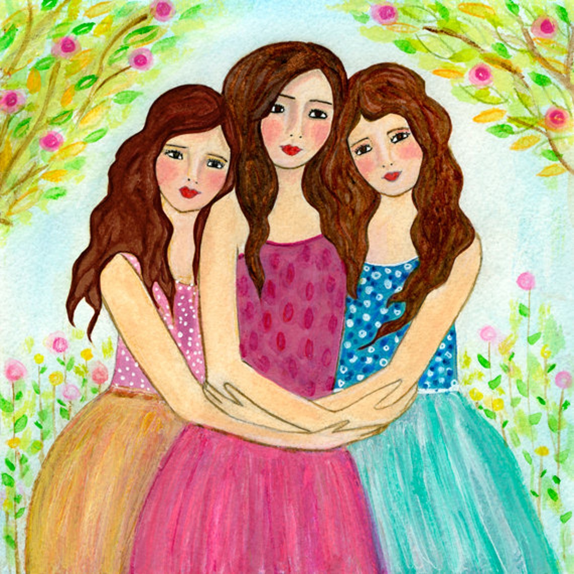 Three Brown Haired Girls Hugging In Flower Garden Art Poster