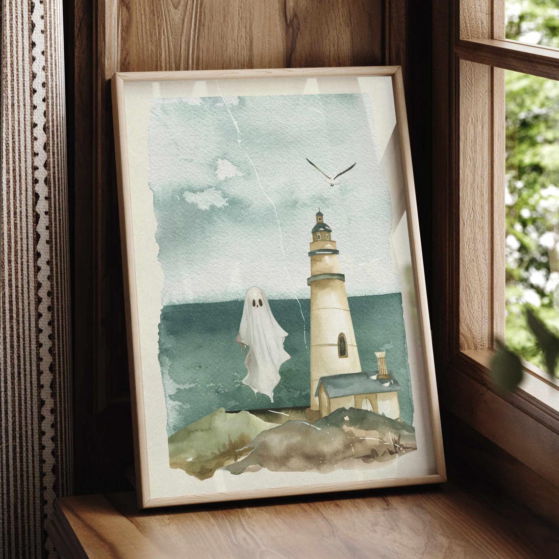 Cute Ghost Lighthouse Poster Coastal Halloween Watercolor Fall Decor