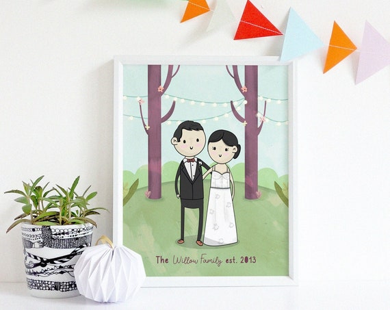 Cartoon Wedding Portrait of Bride and Groom Under Forest String Lights Poster
