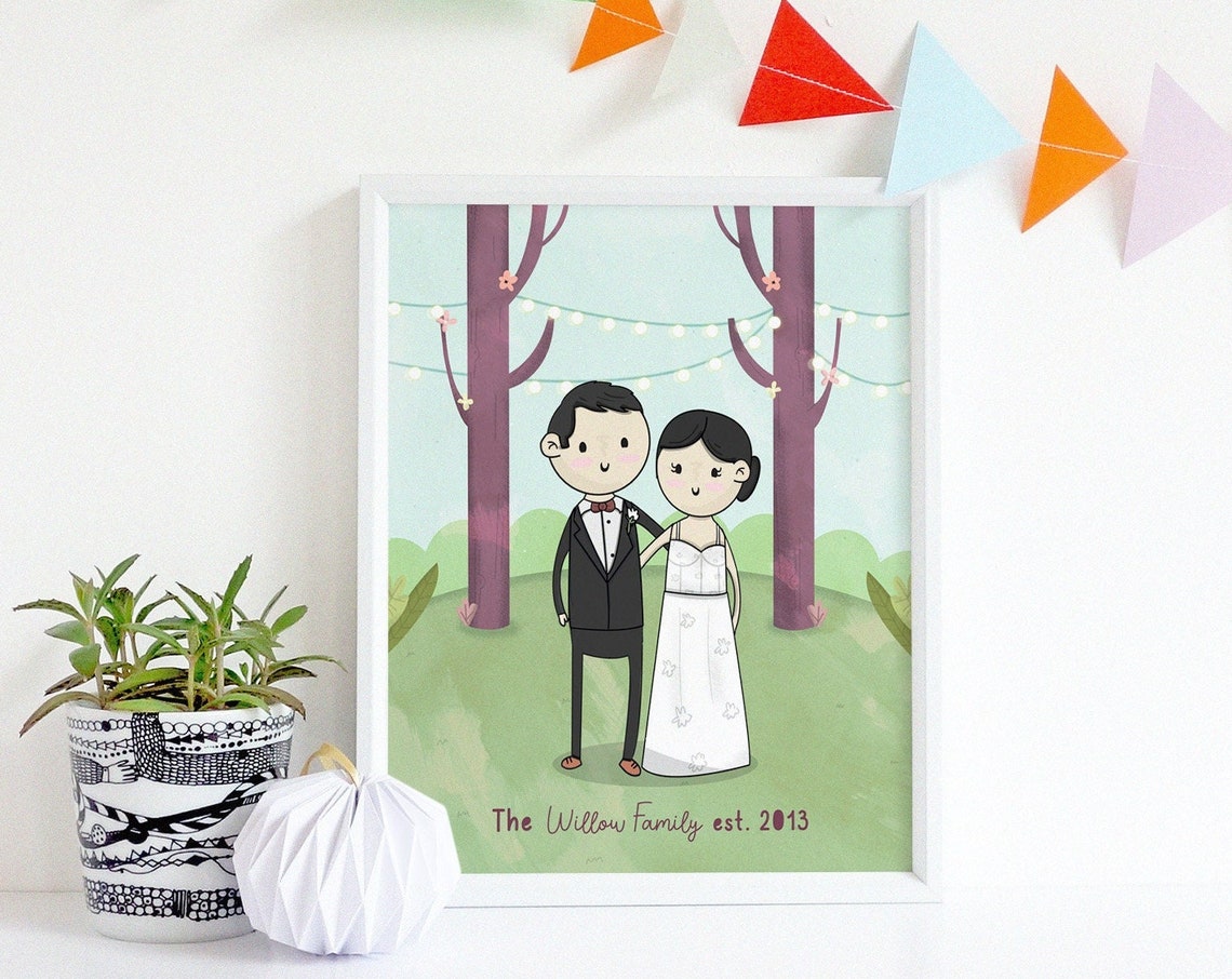 Cartoon Wedding Portrait of Bride and Groom Under Forest String Lights Poster
