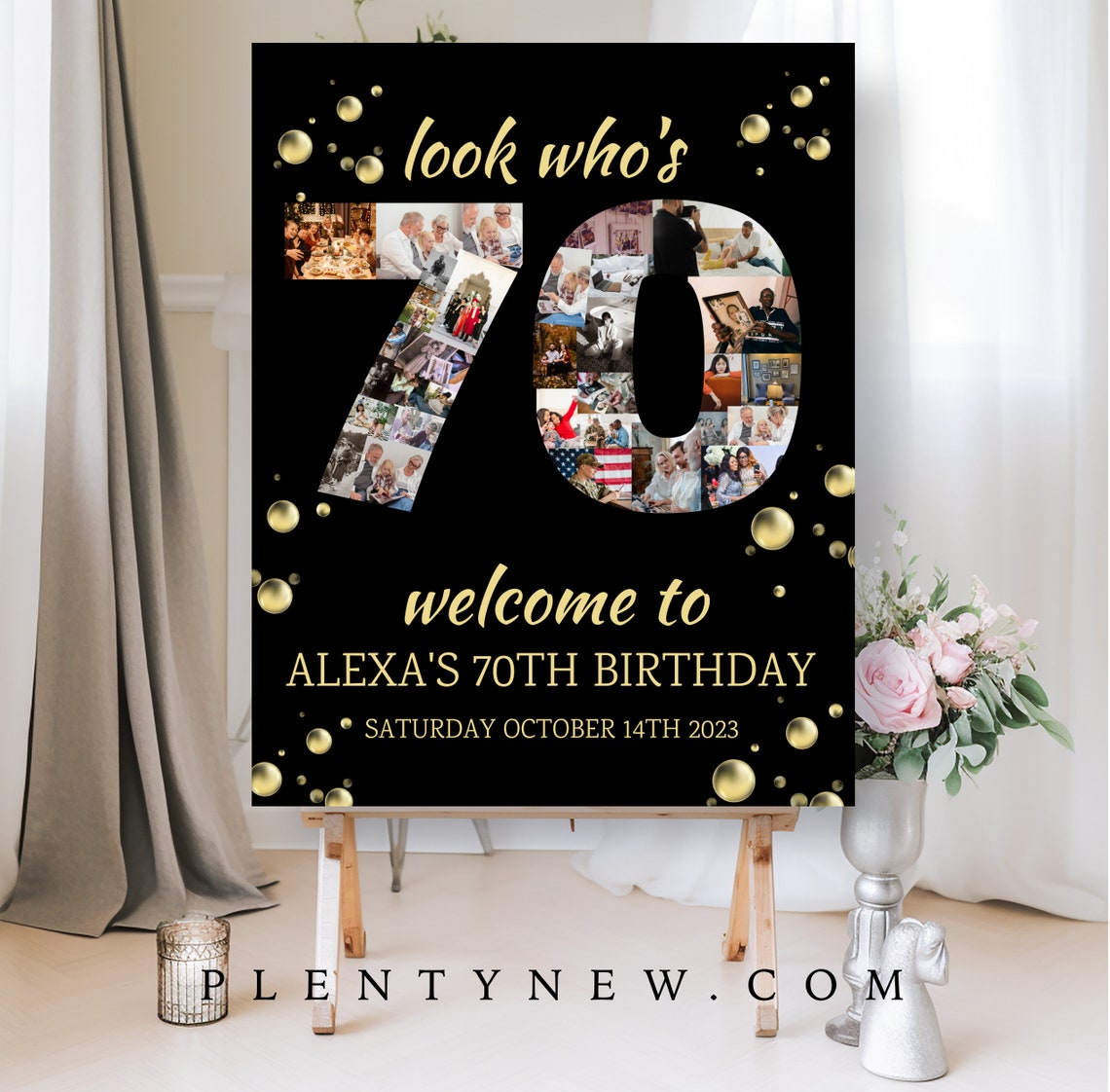Look Who's 70 Black Gold Photo Collage Birthday Welcome Poster