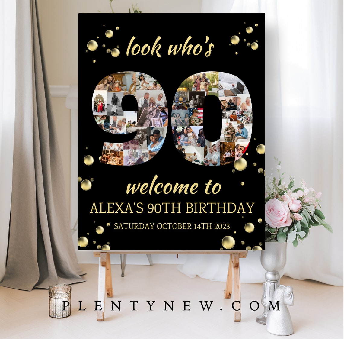 Look Who's 90 Black Gold Photo Collage Birthday Welcome Poster