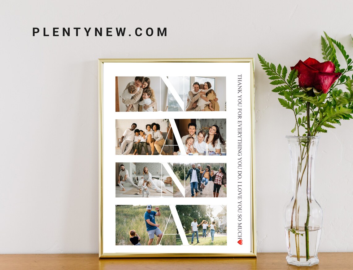 Nana Letters Family Photo Collage Gold Frame Thank You Poster