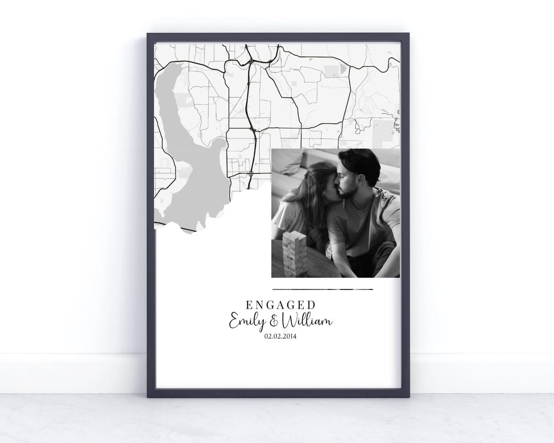 Personalised Engagement Map and Photo Keepsake Romantic Memory Poster