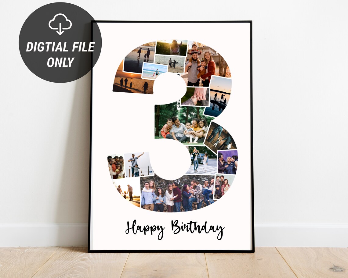 Number Three Photo Collage Happy Birthday Kids Party Gift Poster