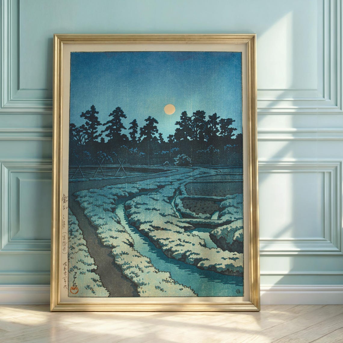 Hasui Kawase Moonlit Pine Forest Stream Japanese Night Woodblock Print