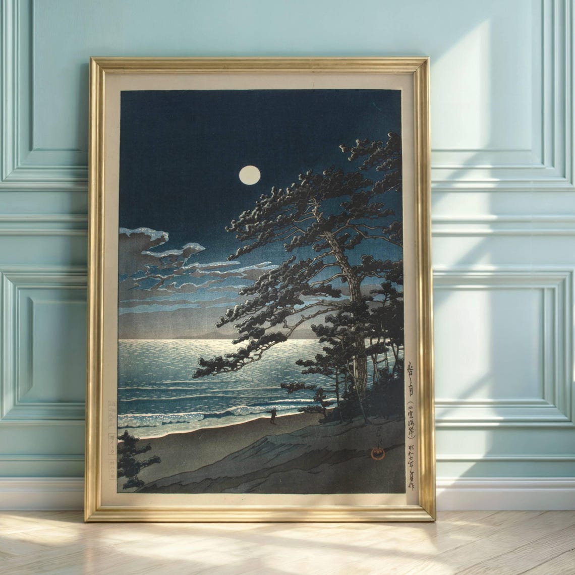 Hasui Kawase Moonlight Beach Pine Trees Night Ocean Woodblock Poster