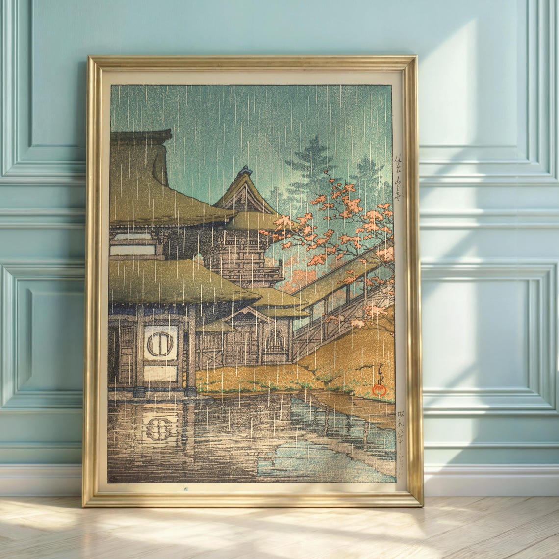 Hasui Kawase Yamadera Temple Rainy Autumn Maple Woodblock Poster