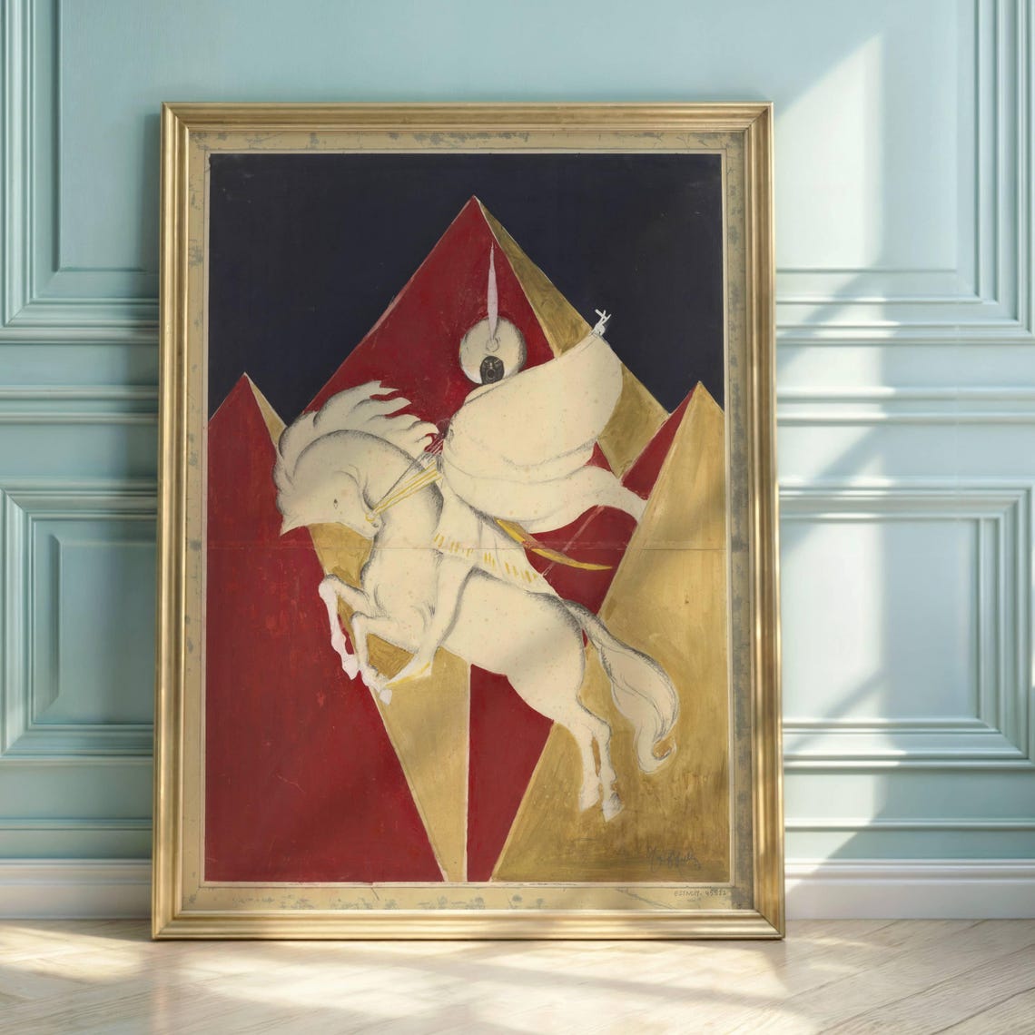 White Knight Horseback Vintage Pyramid Art Deco Style Art Poster