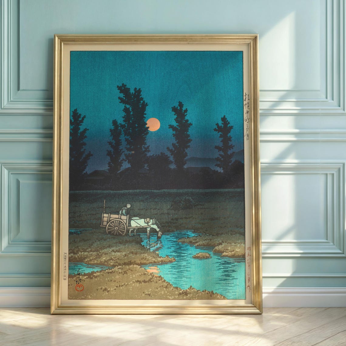 Hasui Kawase Moonlit Night Farm Cart Stream Woodblock Art Print