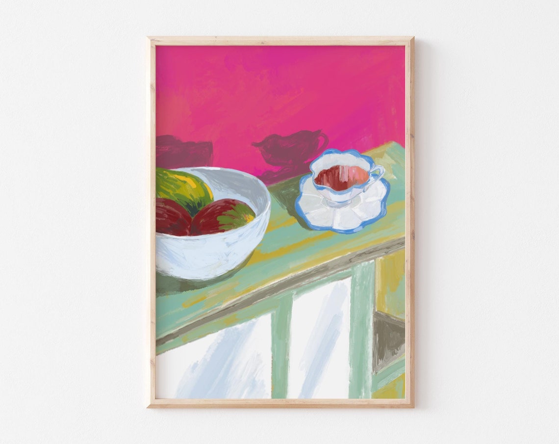 Still Life Fruit Bowl And Teacup Hot Pink Modern Kitchen Poster