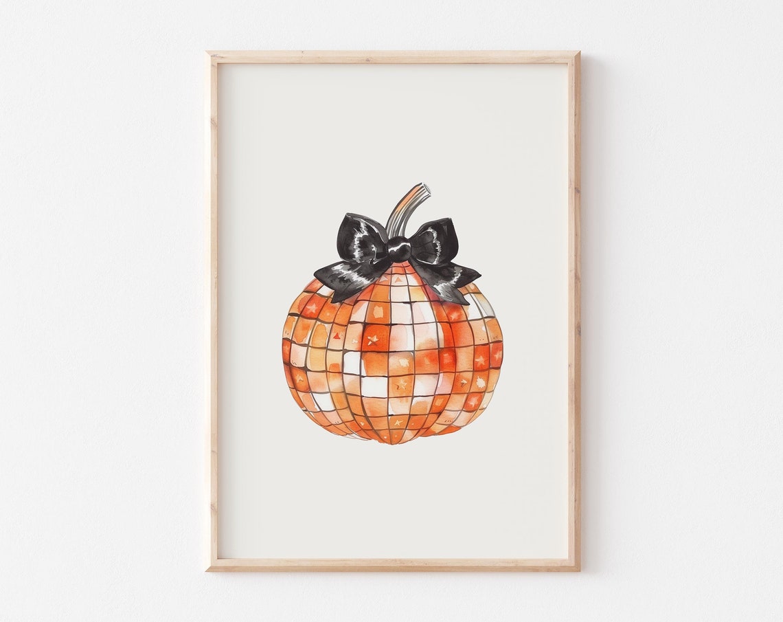 Disco Ball Pumpkin With Black Bow Watercolor Fall Art Poster