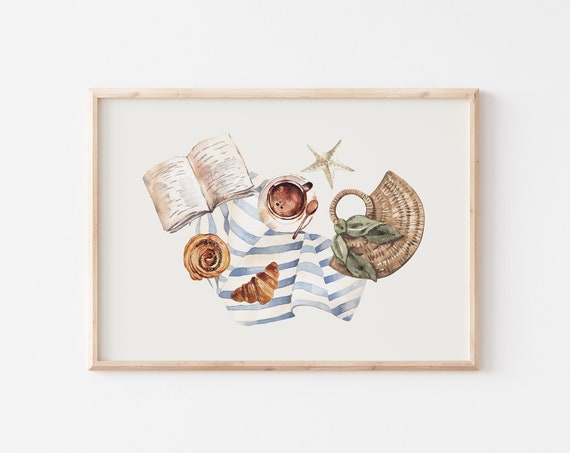 Beach Coffee Print Watercolor Summer Wall Art Beach House Decor Modern Coastal Art Swimsuit Print Summer Fashion Illustration