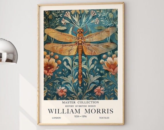 William Morris Dragonfly Print Gold Blue Vintage Flower Print Vibrant Dragonfly Exhibition Poster Living Room Print Classic Textile Print