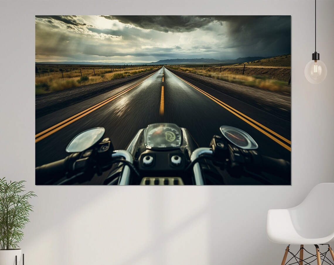 Motorcycle POV Open Highway Road Trip Stormy Clouds Biker Art Poster
