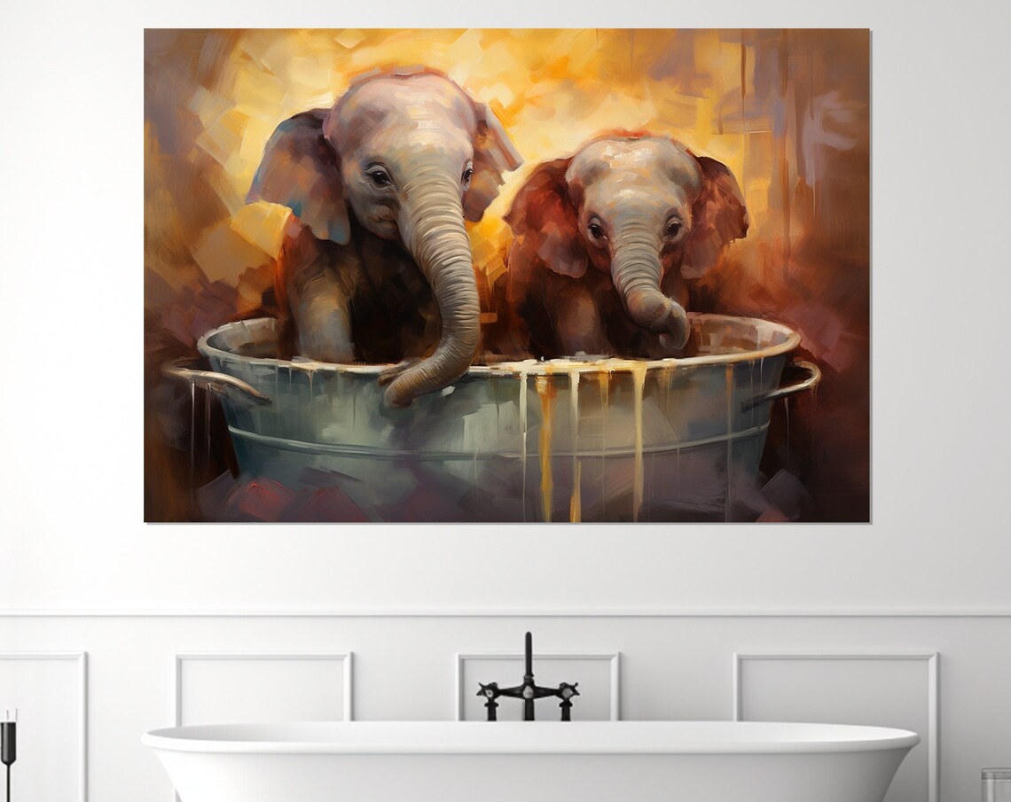 Baby Elephants In Vintage Metal Tub Cute Warm Golden Painting Poster