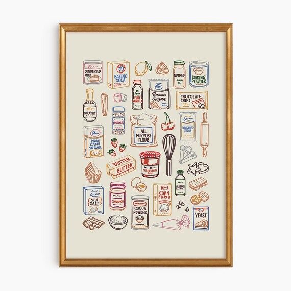 Baking Pantry Wall Art Vintage Kitchen Print Colorful Bakeware Decor Pastry Lover Gift Cottage Bakery Poster
