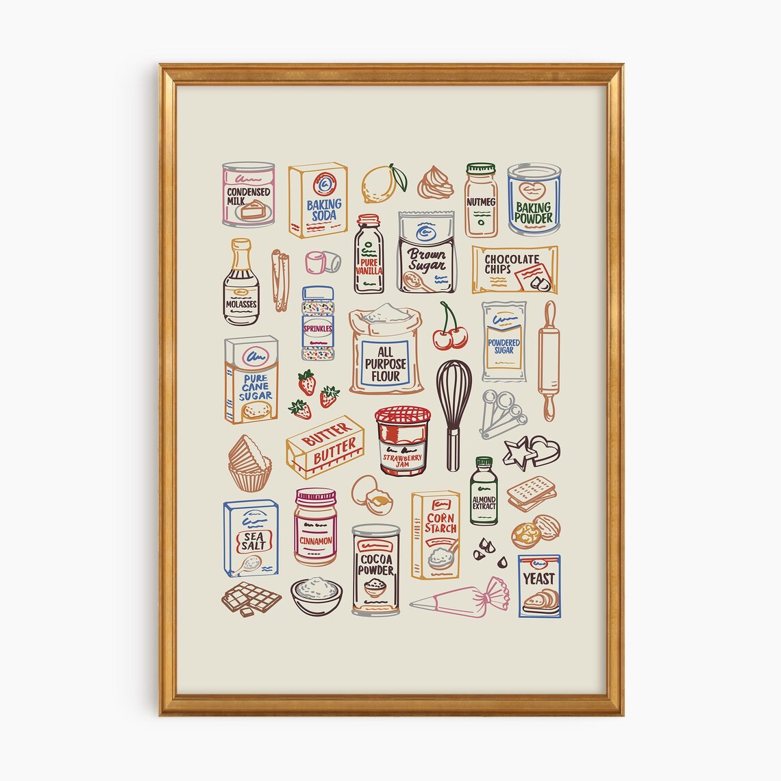 Vintage Baking Ingredients Chart Illustrated Pantry Staples Retro Kitchen Wall Art