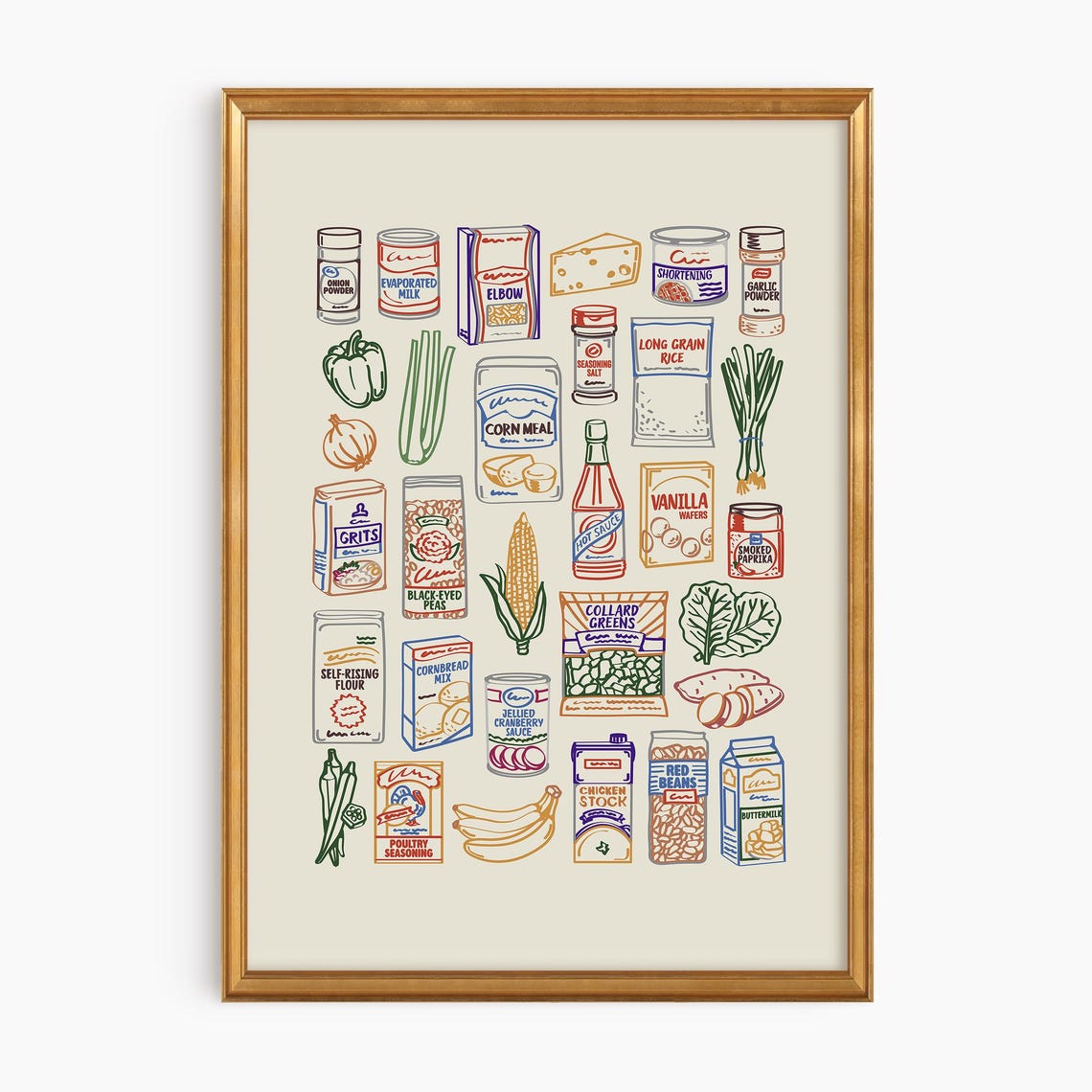 Southern Pantry Staples Grits Cornmeal Illustrated Kitchen Art Poster