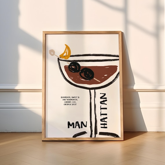 Manhattan Whisky Cocktail Hand Drawn Sketch Kitchen Bar Poster