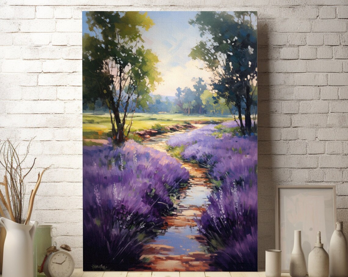 Purple Wildflower Banks Poster Along a Stream in Impressionist Style