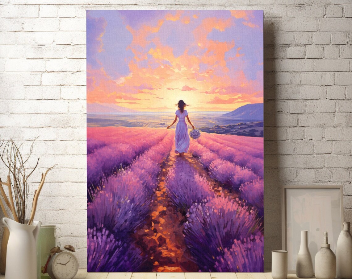 Woman Walking a Lavender Field Poster at a Dreamy Pink Sunset Scene