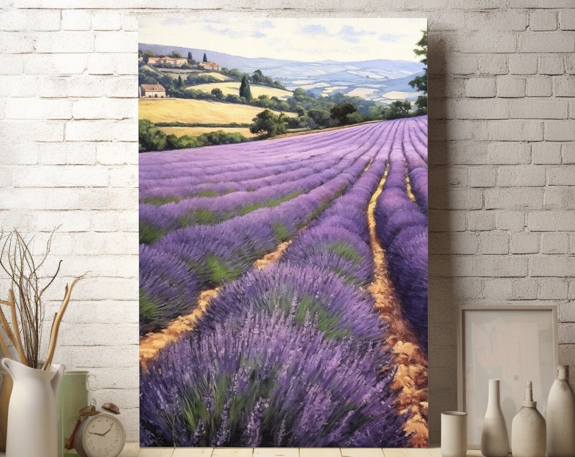 Lavender Field Rows Poster with a Hilltop Village in the Distance