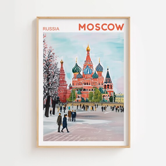 Moscow Russia Iconic St Basil Cathedral Colorful Travel Poster