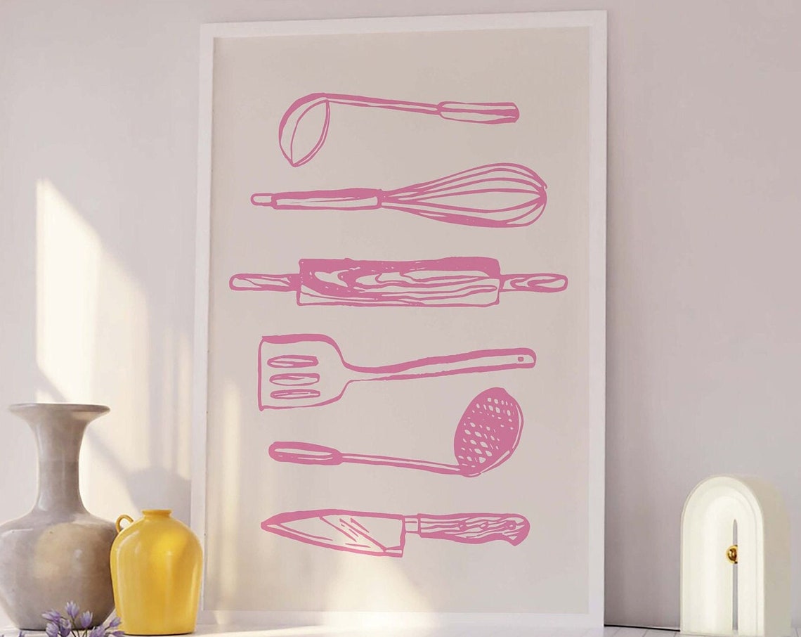 Kitchen Utensils Print Art Pink Kitchen Decor Foodie Art Poster Cute Trendy Wall Art Gift For Cook - Image 3