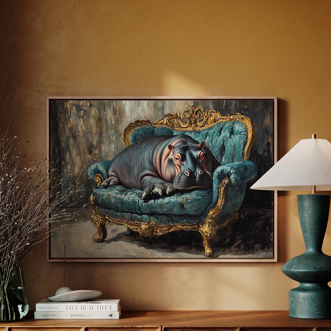 Regal Hippo On Ornate Sofa Wall Art Print