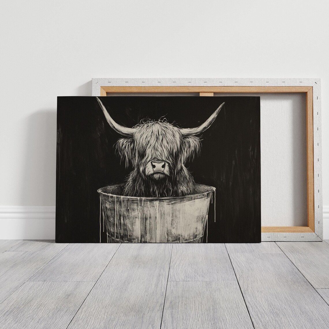 Highland Cow Sitting in a Rustic Bucket Black and White Art Poster