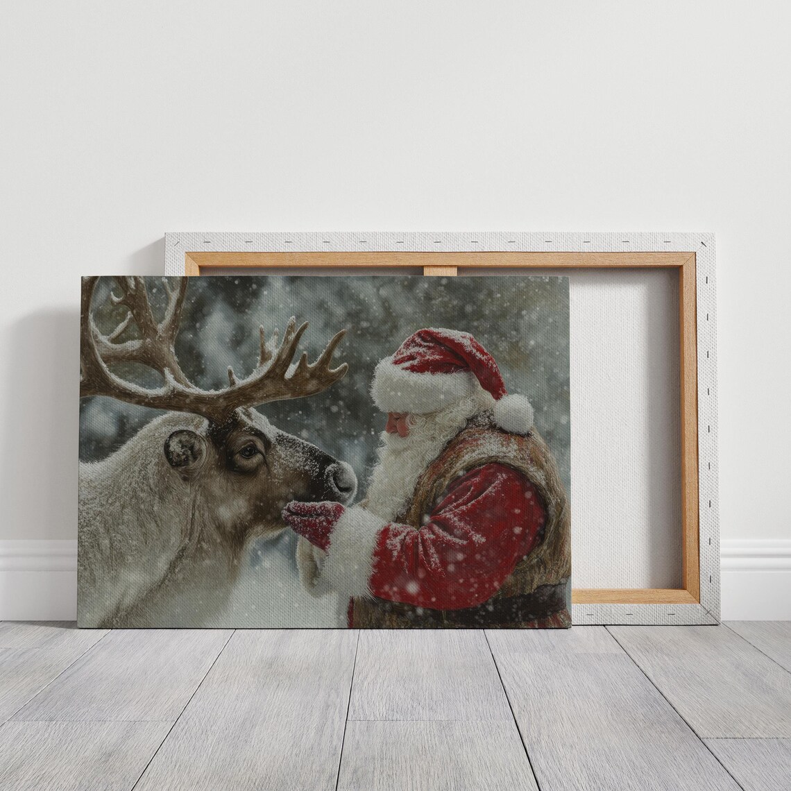 Santa Claus Feeding His Reindeer Nose To Nose In Falling Snow Poster