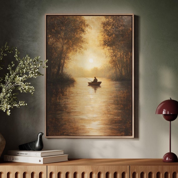 Serene Fishing At Sunrise Tranquil River Scene Wall Art For Nature Enthusiasts And Relaxing Home Decor