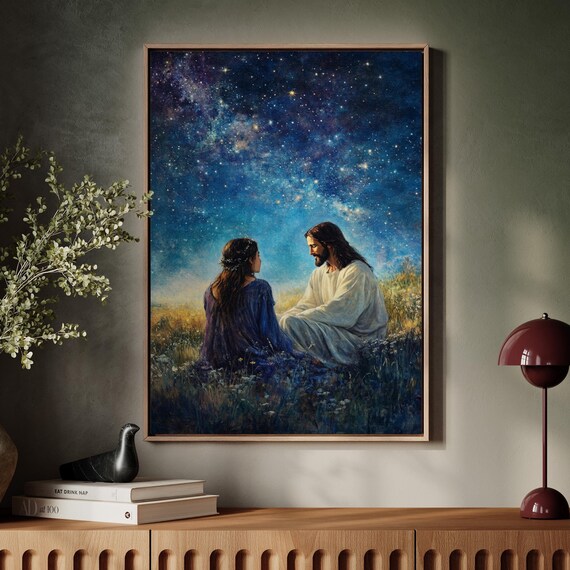 Jesus And Woman Under Starry Night Peaceful Inspirational Christian Art For Home Prayer Room Or Spiritual Gift Decor