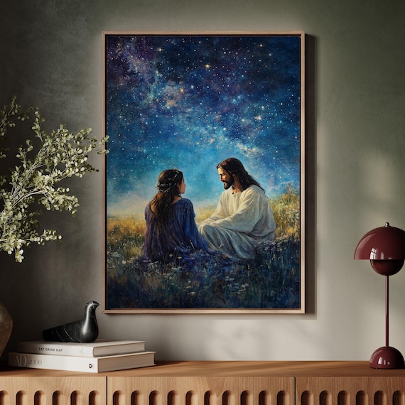 Jesus And Woman Under Starry Night Sky Peaceful Christian Poster